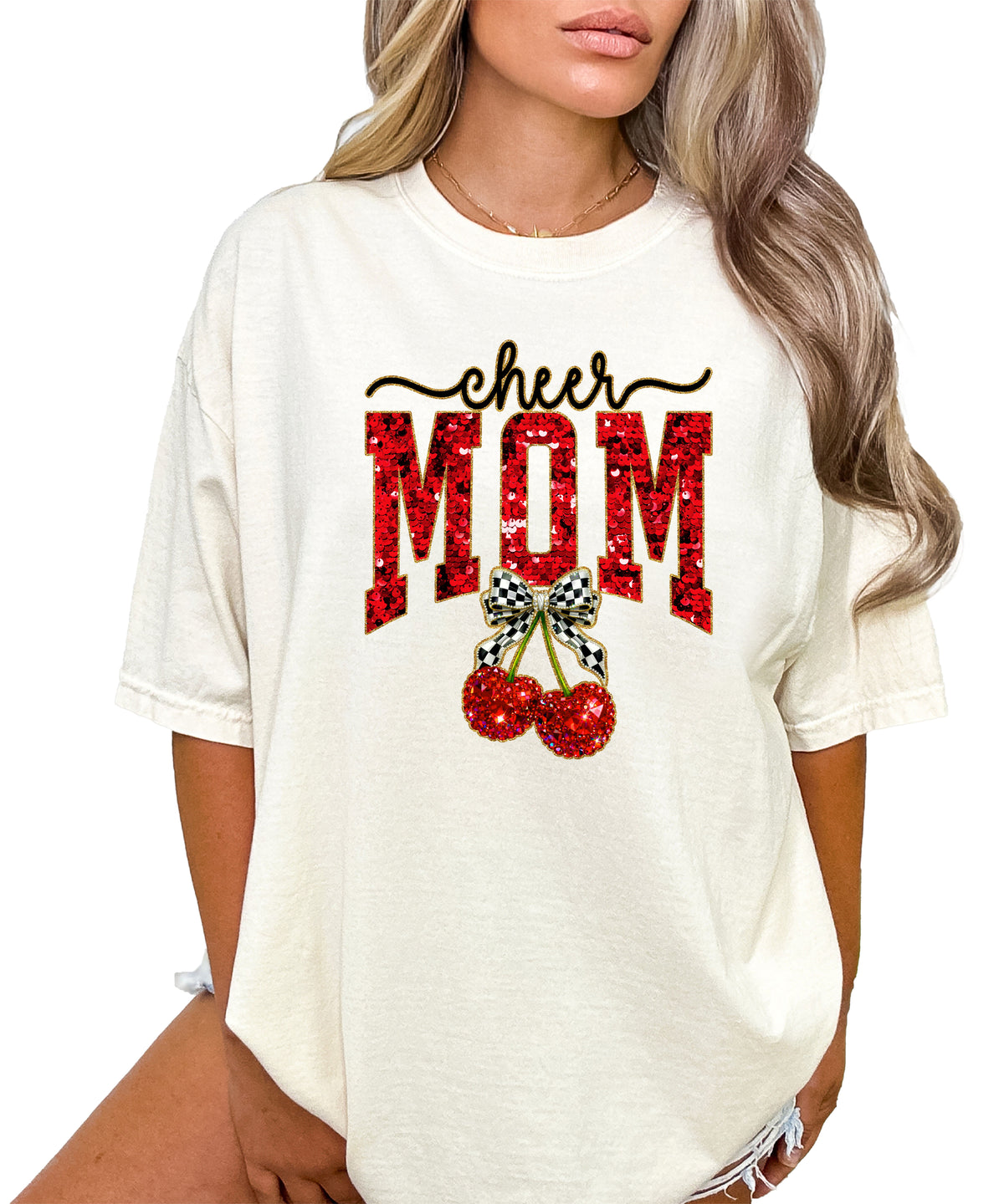 Cheerleader mom cherry coquette bow shirt, Ivory Comfort Colors tee, view 4