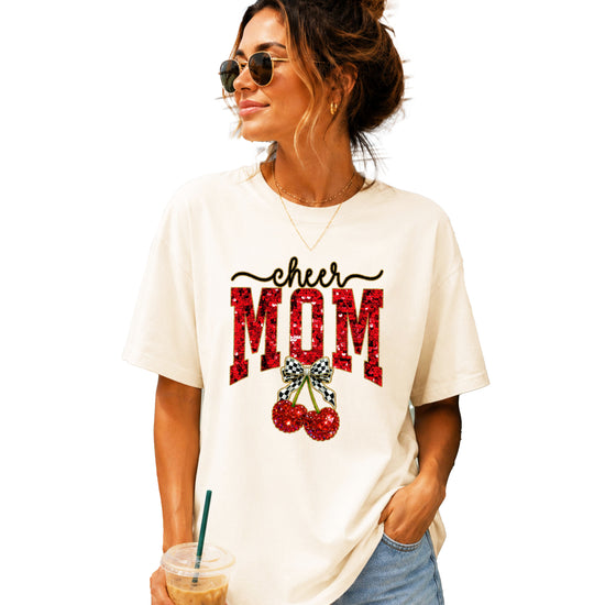 Cheerleader mom cherry coquette bow shirt, Ivory Comfort Colors tee, view 5