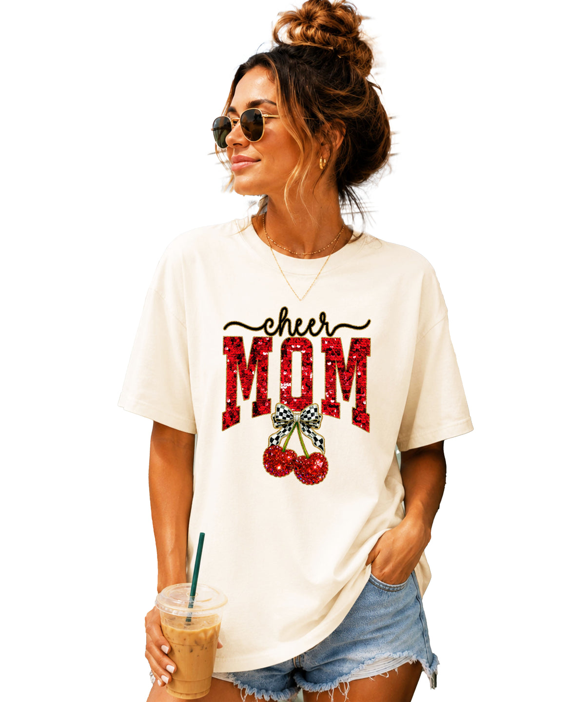 Cheerleader mom cherry coquette bow shirt, Ivory Comfort Colors tee, view 5