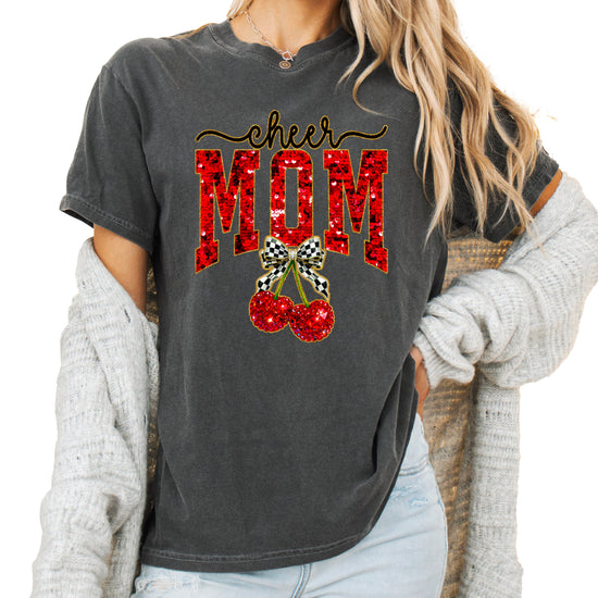 Cheerleader mom cherry coquette bow shirt, Pepper Comfort Colors tee, front