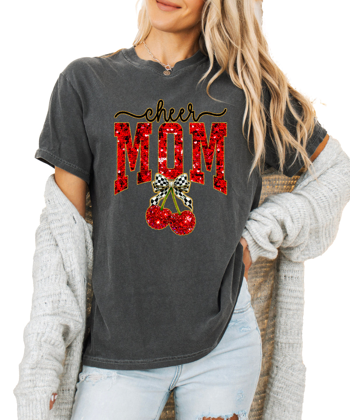 Cheerleader mom cherry coquette bow shirt, Pepper Comfort Colors tee, front