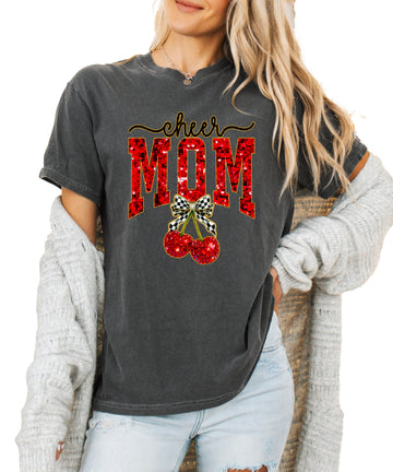 Cheerleader mom cherry coquette bow shirt, Pepper Comfort Colors tee, front