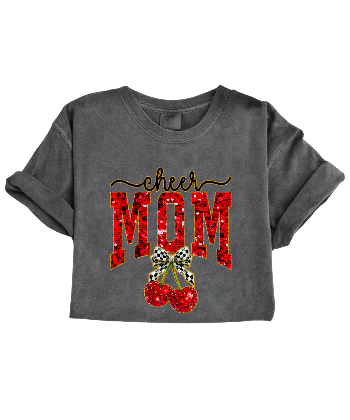 Cheerleader mom cherry coquette bow shirt, Pepper Comfort Colors tee, view 3