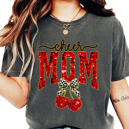 Cheerleader mom cherry coquette bow shirt, Pepper Comfort Colors tee, view 4