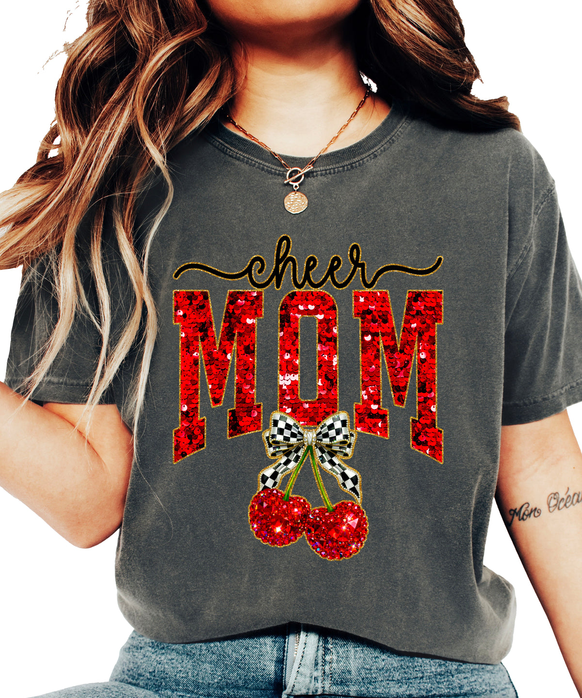 Cheerleader mom cherry coquette bow shirt, Pepper Comfort Colors tee, view 4