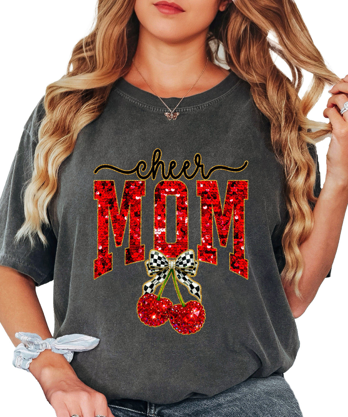 Cheerleader mom cherry coquette bow shirt, Pepper Comfort Colors tee, view 5