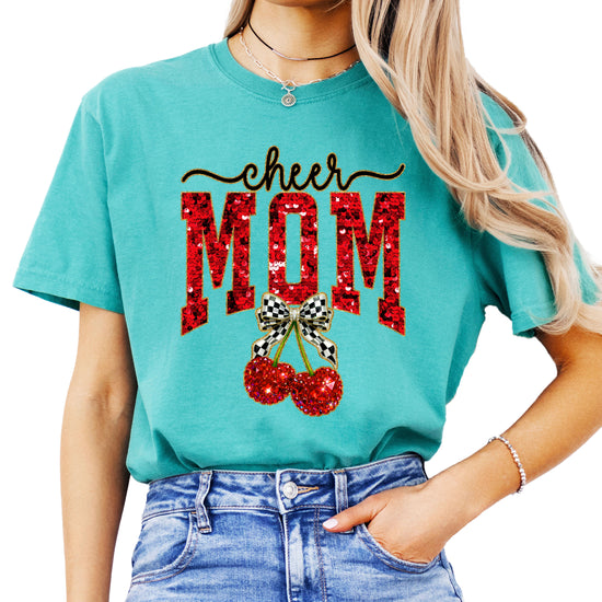 Cheerleader mom cherry coquette bow shirt, Seafoam Comfort Colors tee, front