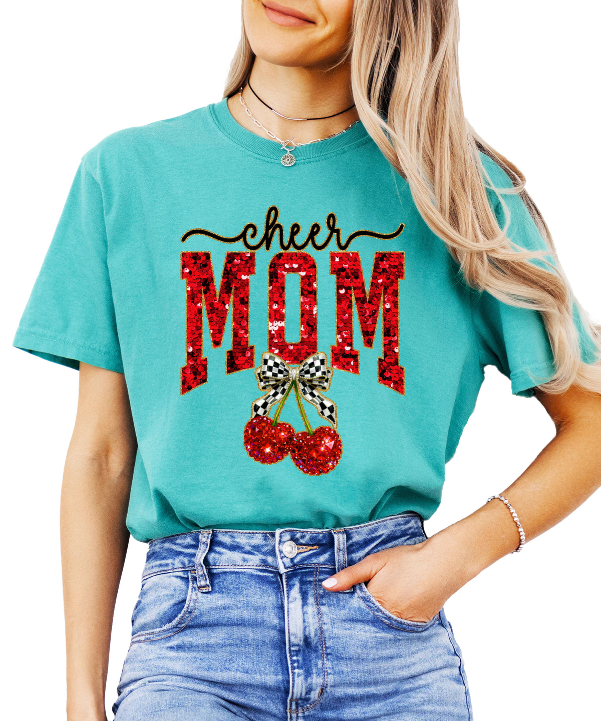Cheerleader mom cherry coquette bow shirt, Seafoam Comfort Colors tee, front