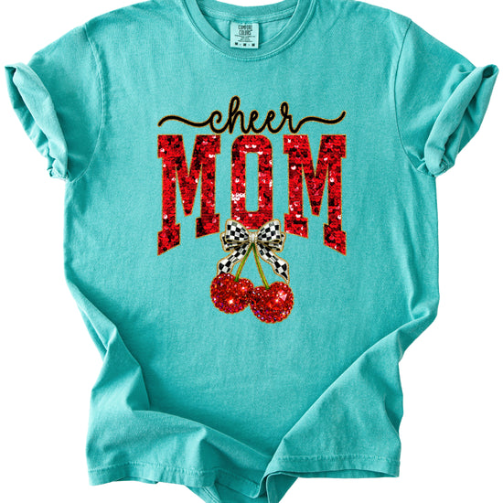 Cheerleader mom cherry coquette bow shirt, Seafoam Comfort Colors tee, view 3