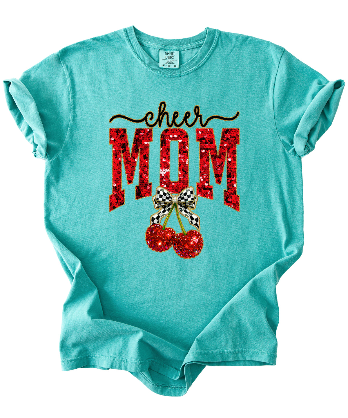 Cheerleader mom cherry coquette bow shirt, Seafoam Comfort Colors tee, view 3