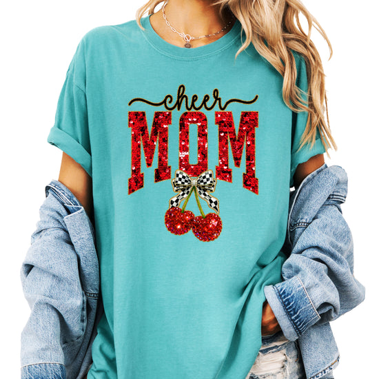 Cheerleader mom cherry coquette bow shirt, Seafoam Comfort Colors tee, view 4