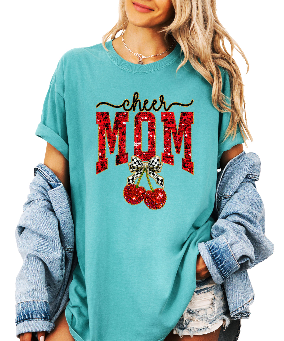 Cheerleader mom cherry coquette bow shirt, Seafoam Comfort Colors tee, view 4