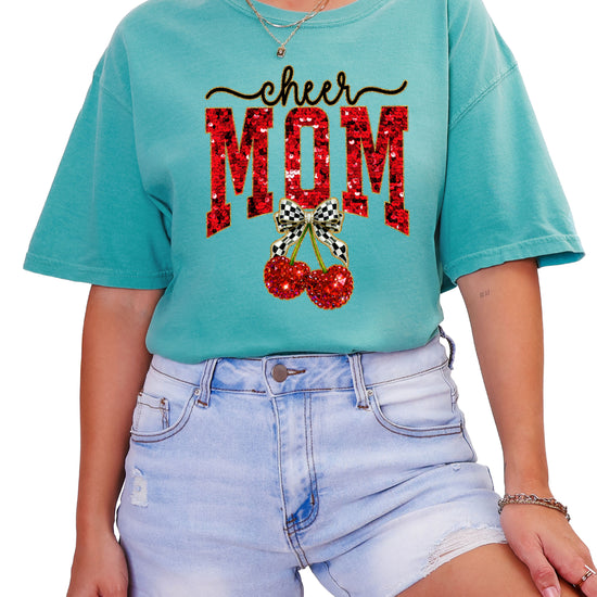 Cheerleader mom cherry coquette bow shirt, Seafoam Comfort Colors tee, view 5