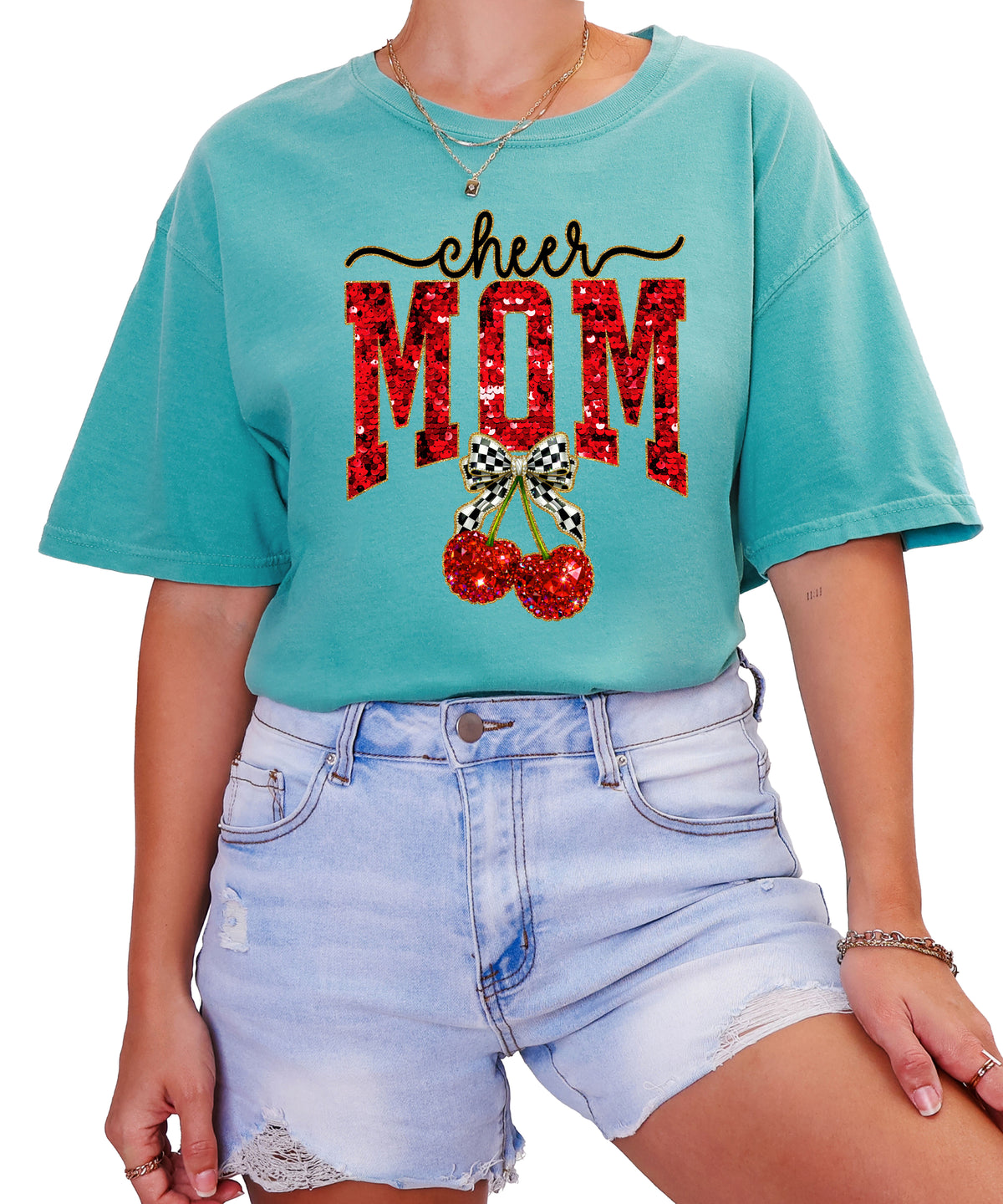 Cheerleader mom cherry coquette bow shirt, Seafoam Comfort Colors tee, view 5
