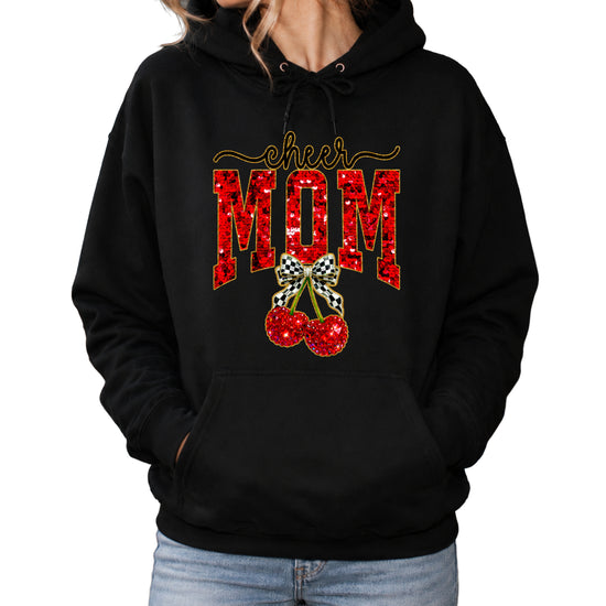 Black cheerleader mom hoodie for women with ink-printed cheer script, faux sequin MOM and cherry bow graphic - front view
