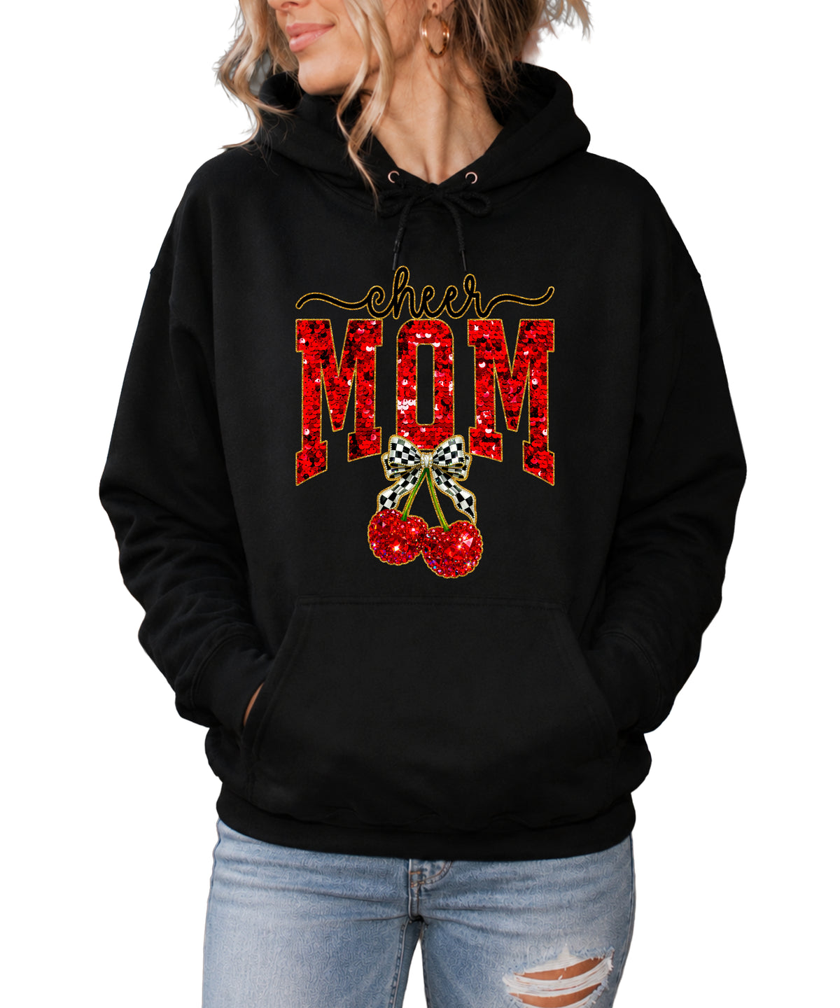 Black cheerleader mom hoodie for women with ink-printed cheer script, faux sequin MOM and cherry bow graphic - front view