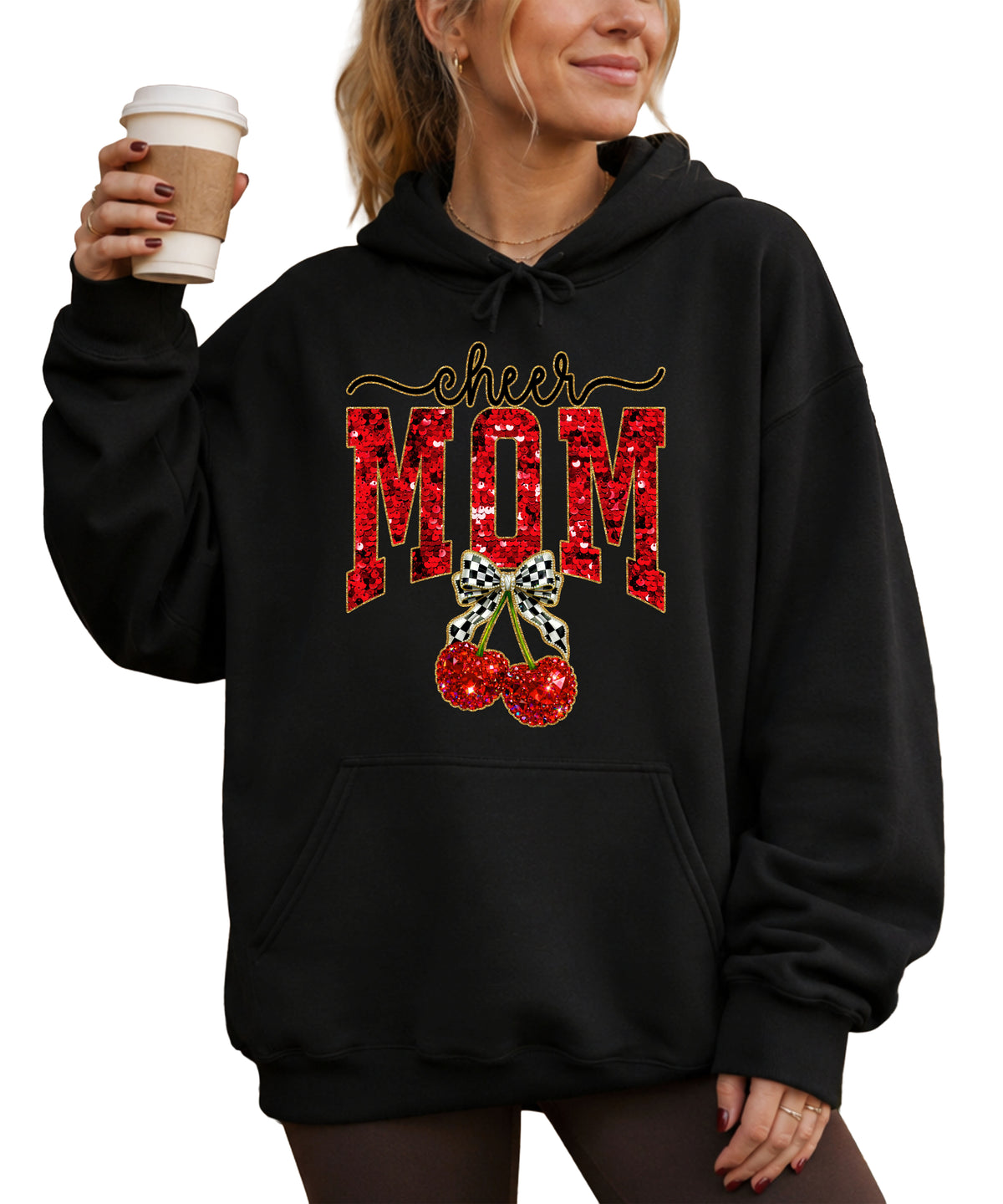 Black cheerleader mom hoodie for women with ink-printed cheer script, faux sequin MOM and cherry bow graphic - view 3