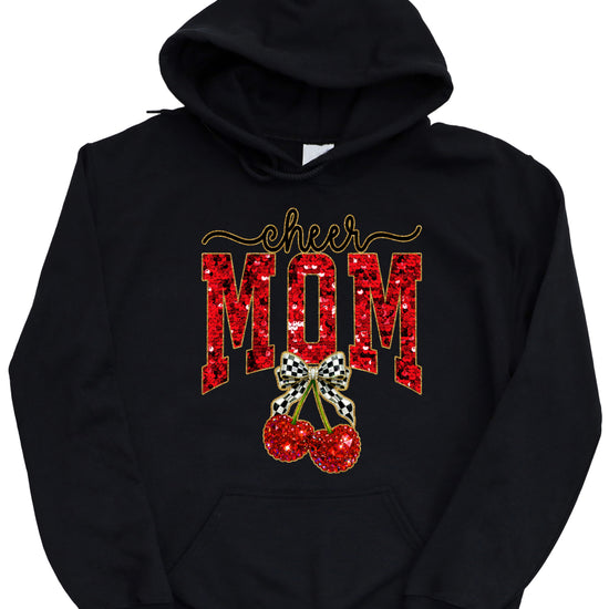 Black cheerleader mom hoodie for women with ink-printed cheer script, faux sequin MOM and cherry bow graphic - view 4