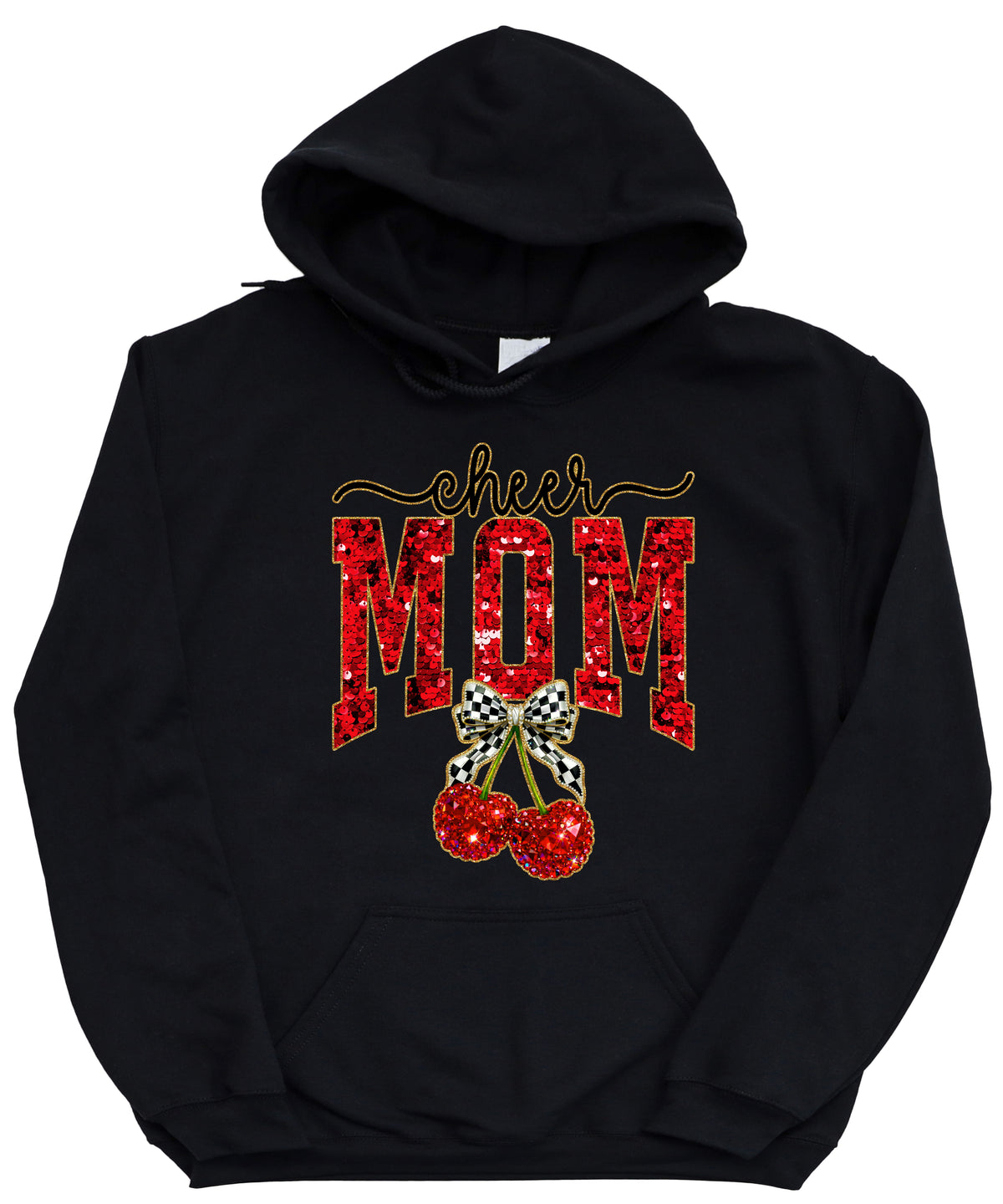 Black cheerleader mom hoodie for women with ink-printed cheer script, faux sequin MOM and cherry bow graphic - view 4