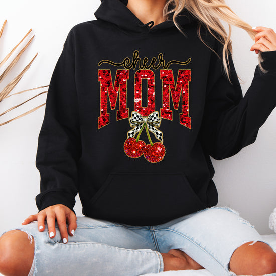 Black cheerleader mom hoodie for women with ink-printed cheer script, faux sequin MOM and cherry bow graphic - view 5