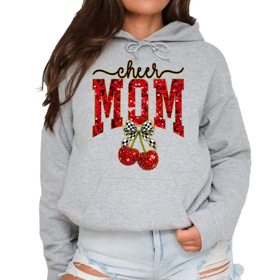 Gray cheerleader mom hoodie for women with ink-printed cheer script, faux sequin MOM and cherry bow graphic - front view