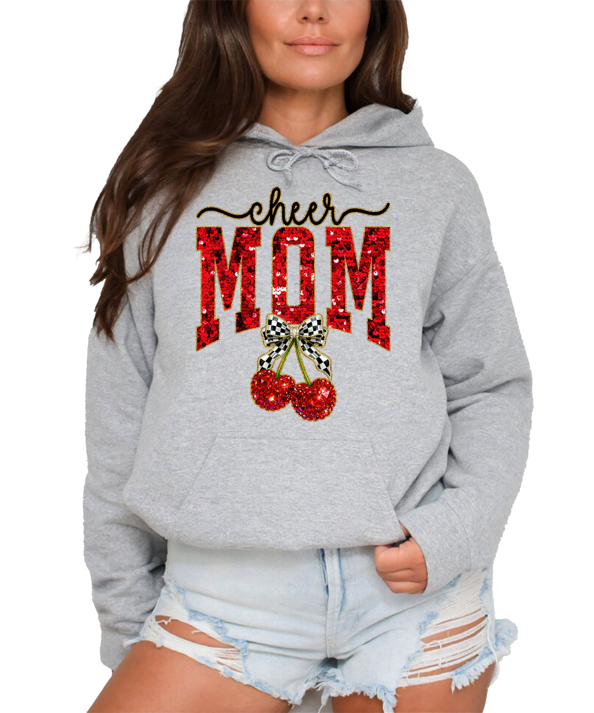Gray cheerleader mom hoodie for women with ink-printed cheer script, faux sequin MOM and cherry bow graphic - front view