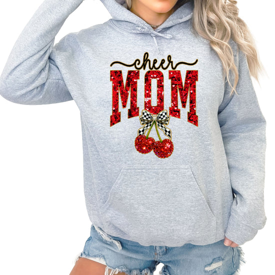 Gray cheerleader mom hoodie for women with ink-printed cheer script, faux sequin MOM and cherry bow graphic - view 3