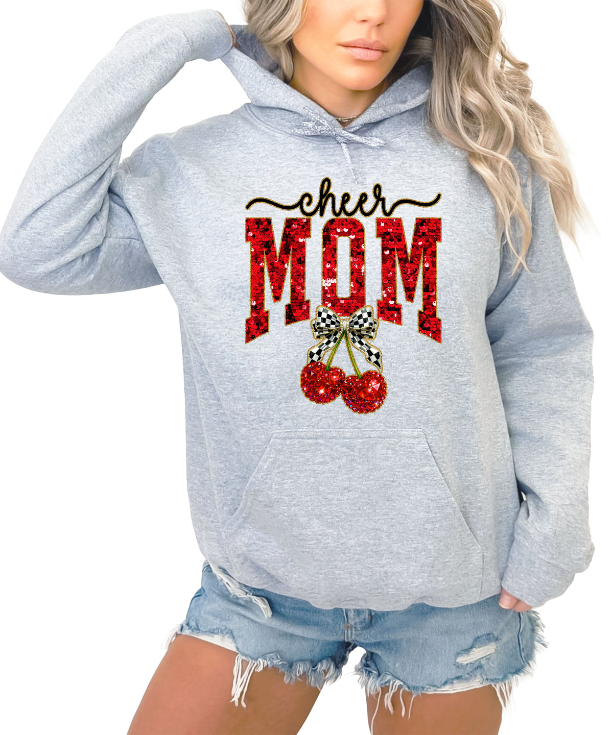 Gray cheerleader mom hoodie for women with ink-printed cheer script, faux sequin MOM and cherry bow graphic - view 3