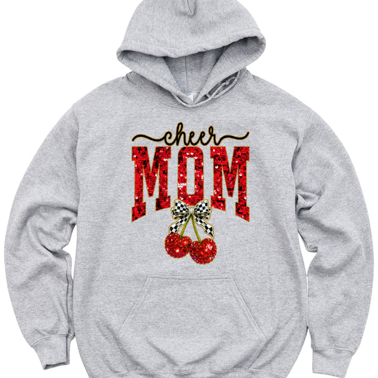 Gray cheerleader mom hoodie for women with ink-printed cheer script, faux sequin MOM and cherry bow graphic - view 4