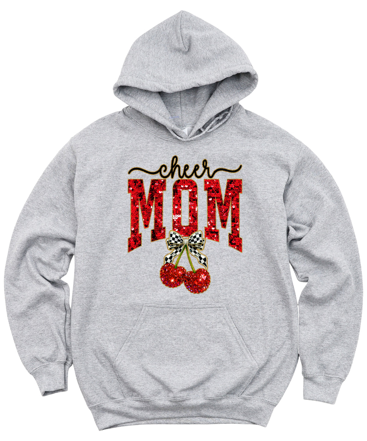 Gray cheerleader mom hoodie for women with ink-printed cheer script, faux sequin MOM and cherry bow graphic - view 4