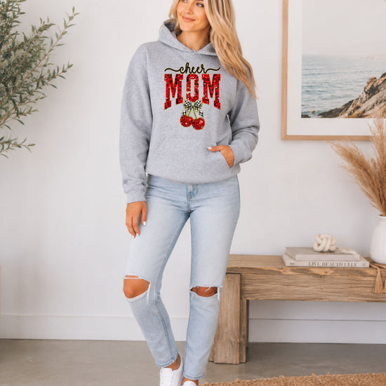 Gray cheerleader mom hoodie for women with ink-printed cheer script, faux sequin MOM and cherry bow graphic - view 5