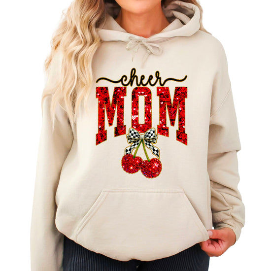 Sand cheerleader mom hoodie for women with ink-printed cheer script, faux sequin MOM and cherry bow graphic - view 3
