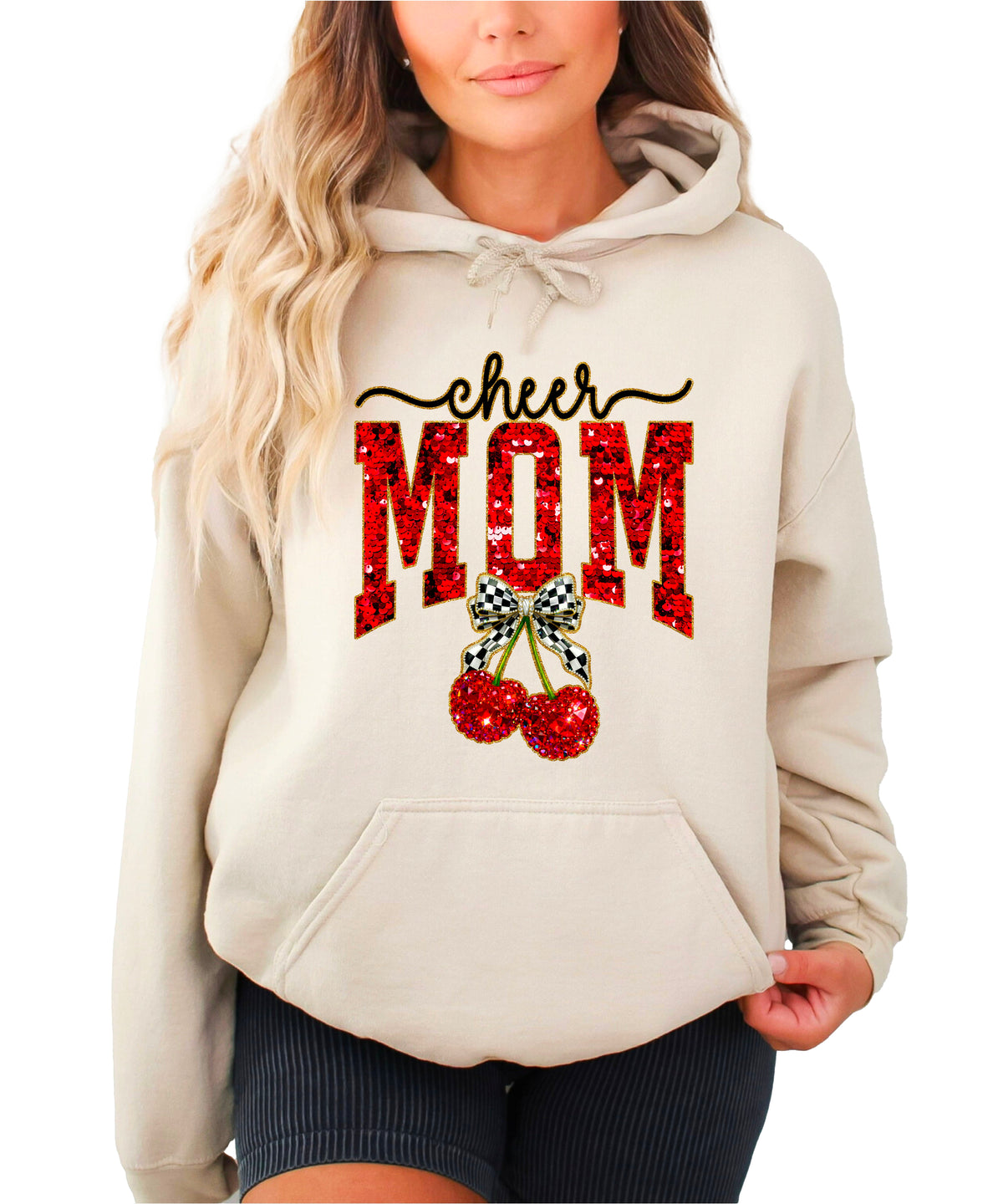 Sand cheerleader mom hoodie for women with ink-printed cheer script, faux sequin MOM and cherry bow graphic - view 3