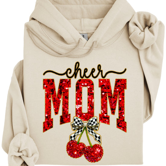 Sand cheerleader mom hoodie for women with ink-printed cheer script, faux sequin MOM and cherry bow graphic - view 4