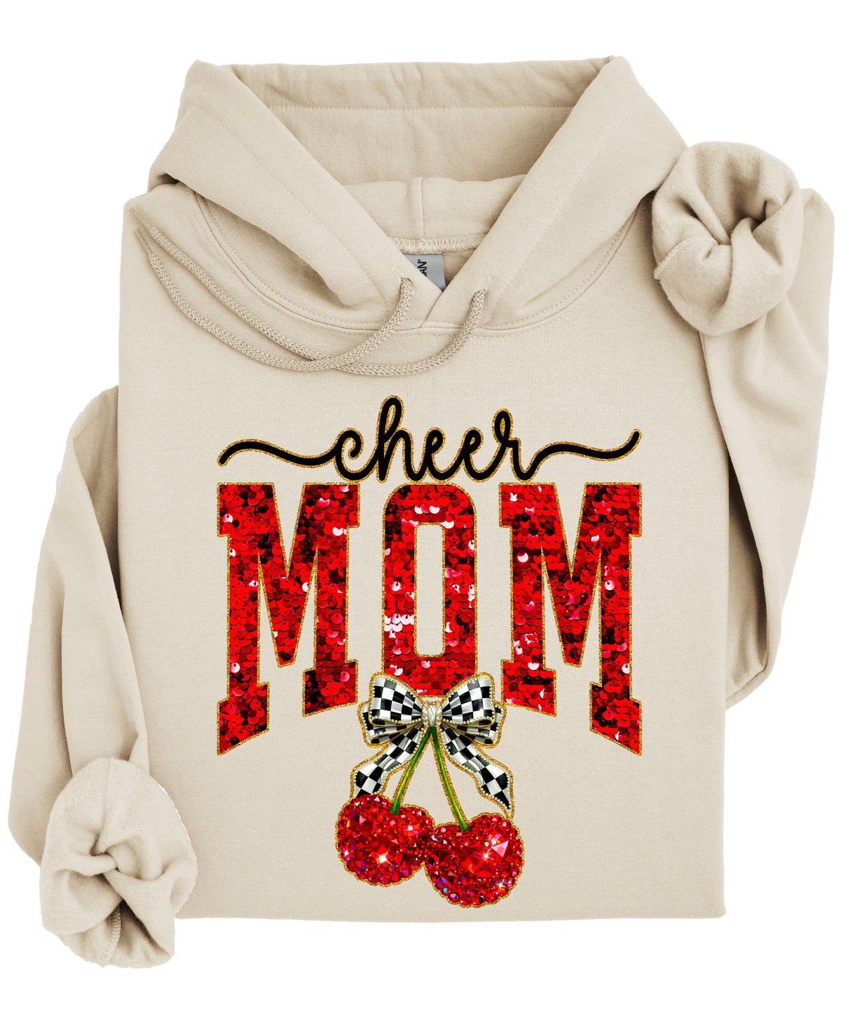 Sand cheerleader mom hoodie for women with ink-printed cheer script, faux sequin MOM and cherry bow graphic - view 4