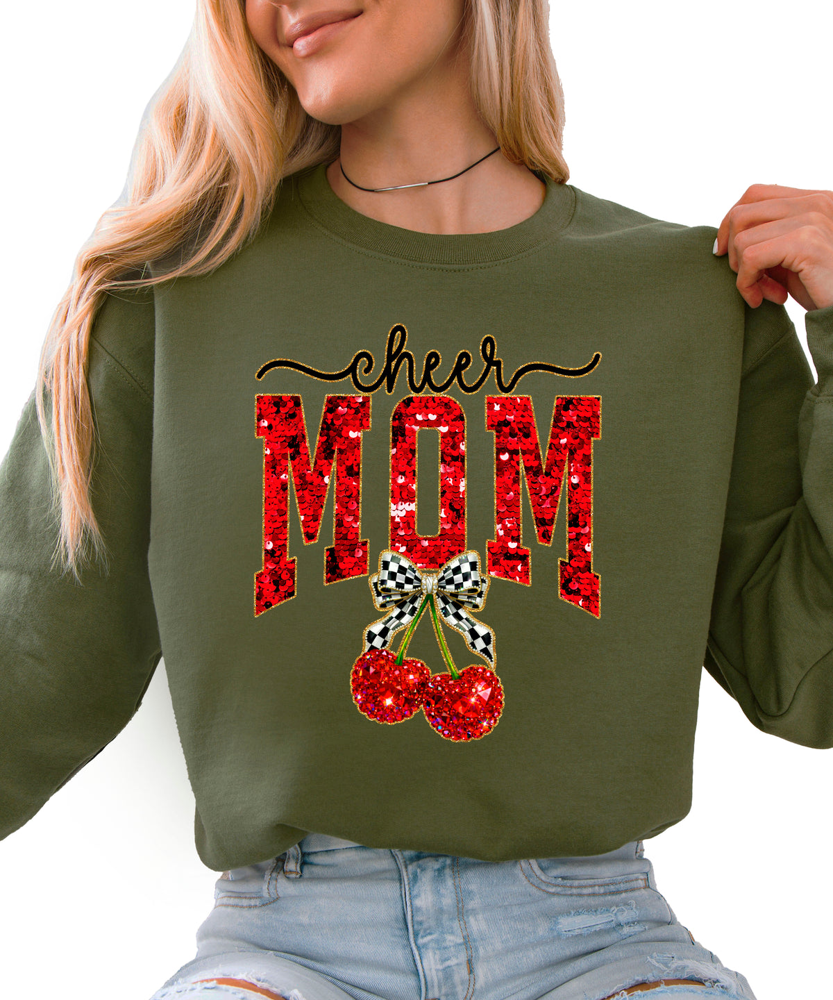Army Green Cheerleader Mom crewneck sweatshirt with ink-printed faux sequin cheer script, MOM lettering and cherry coquette bow, front view