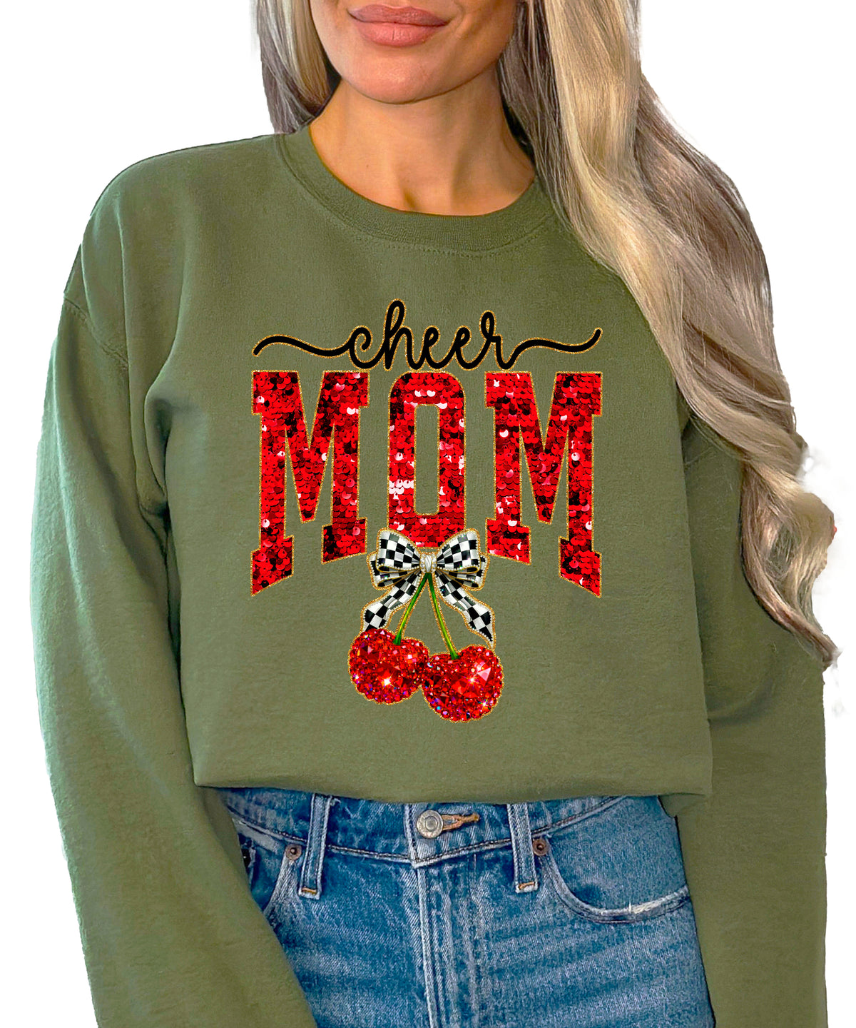 Army Green Cheerleader Mom crewneck sweatshirt with ink-printed faux sequin cheer script, MOM lettering and cherry coquette bow, close-up of the ink-printed design