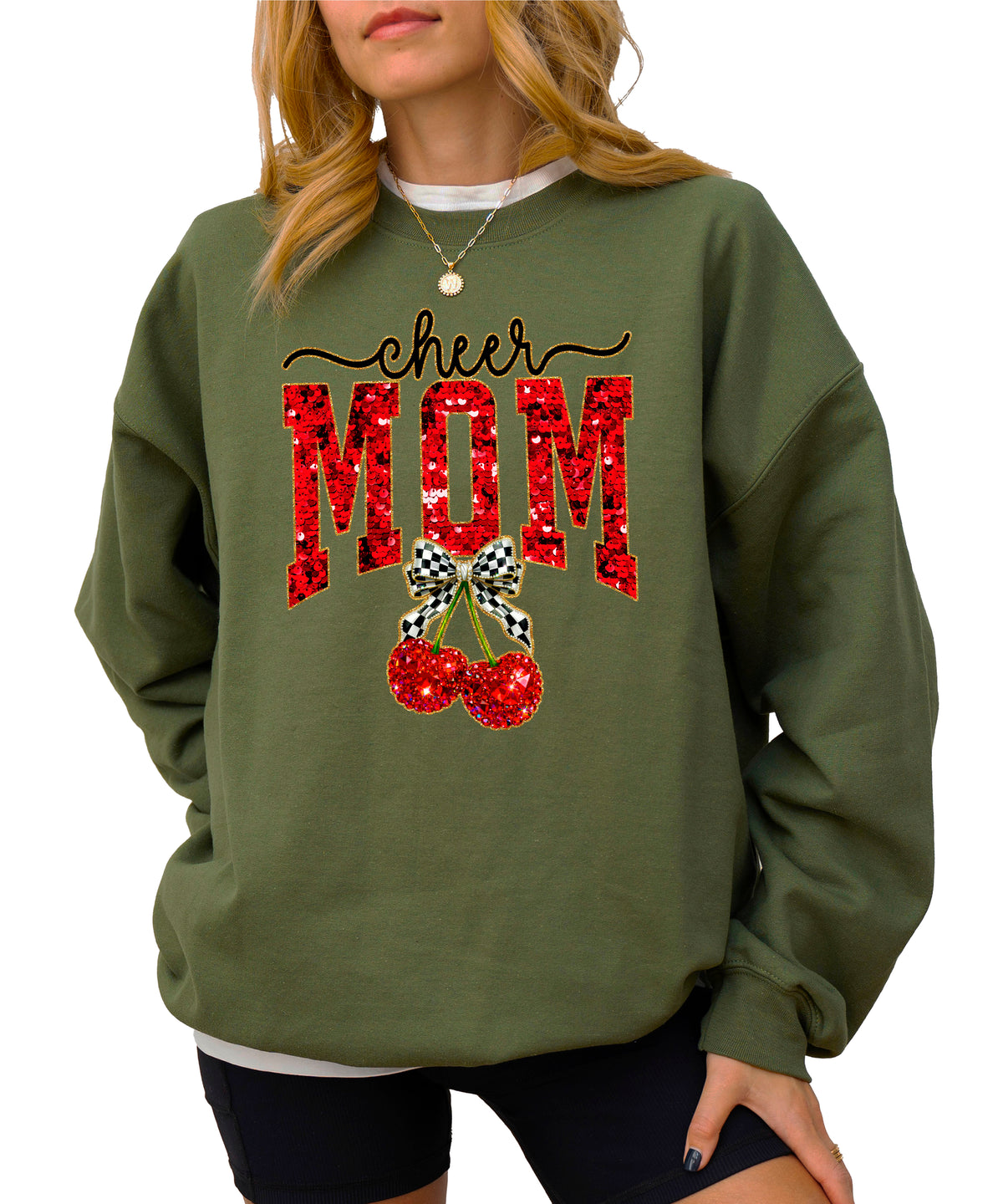 Army Green Cheerleader Mom crewneck sweatshirt with ink-printed faux sequin cheer script, MOM lettering and cherry coquette bow, styled detail view