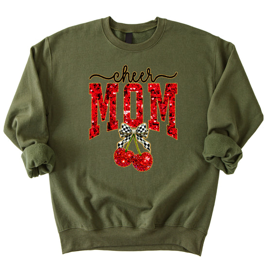 Army Green Cheerleader Mom crewneck sweatshirt with ink-printed faux sequin cheer script, MOM lettering and cherry coquette bow, flat lay view