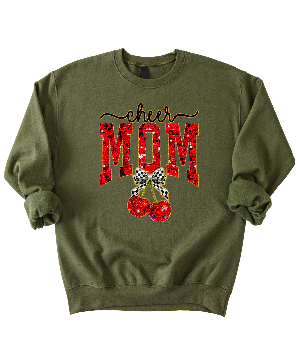 Army Green Cheerleader Mom crewneck sweatshirt with ink-printed faux sequin cheer script, MOM lettering and cherry coquette bow, flat lay view