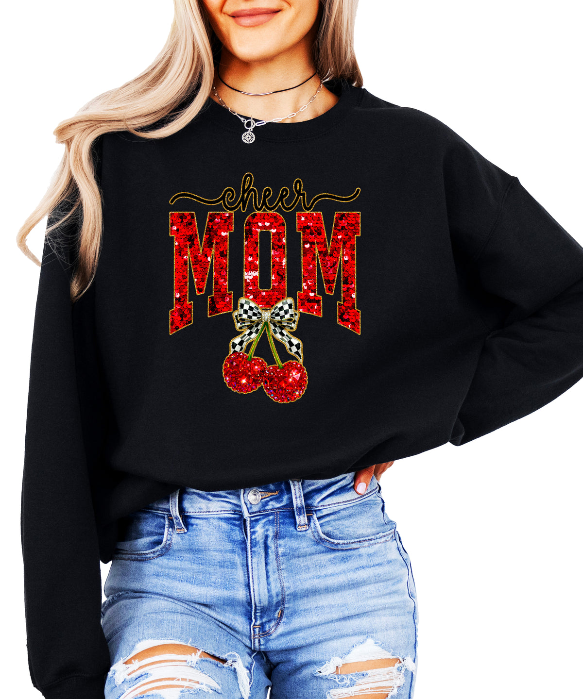 Black Cheerleader Mom crewneck sweatshirt with ink-printed faux sequin cheer script, MOM lettering and cherry coquette bow, front view