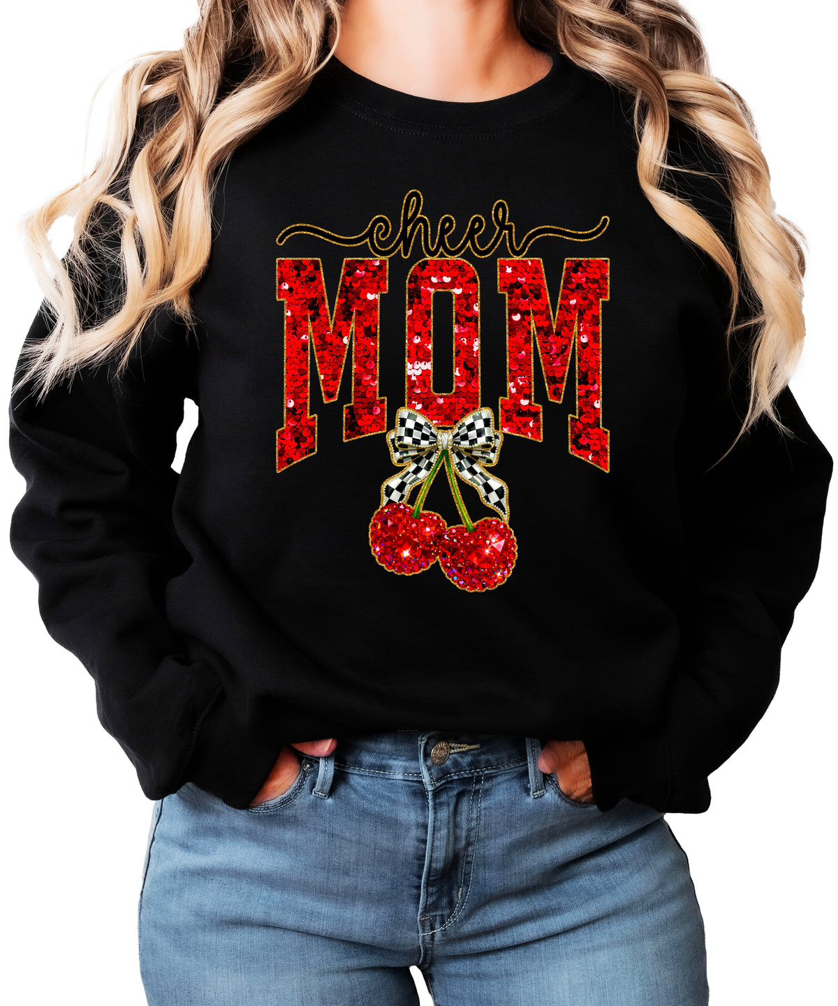 Black Cheerleader Mom crewneck sweatshirt with ink-printed faux sequin cheer script, MOM lettering and cherry coquette bow, close-up of the ink-printed design