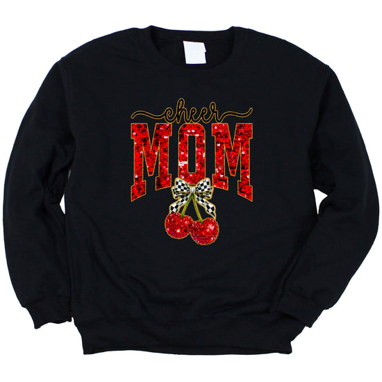 Black Cheerleader Mom crewneck sweatshirt with ink-printed faux sequin cheer script, MOM lettering and cherry coquette bow, flat lay view