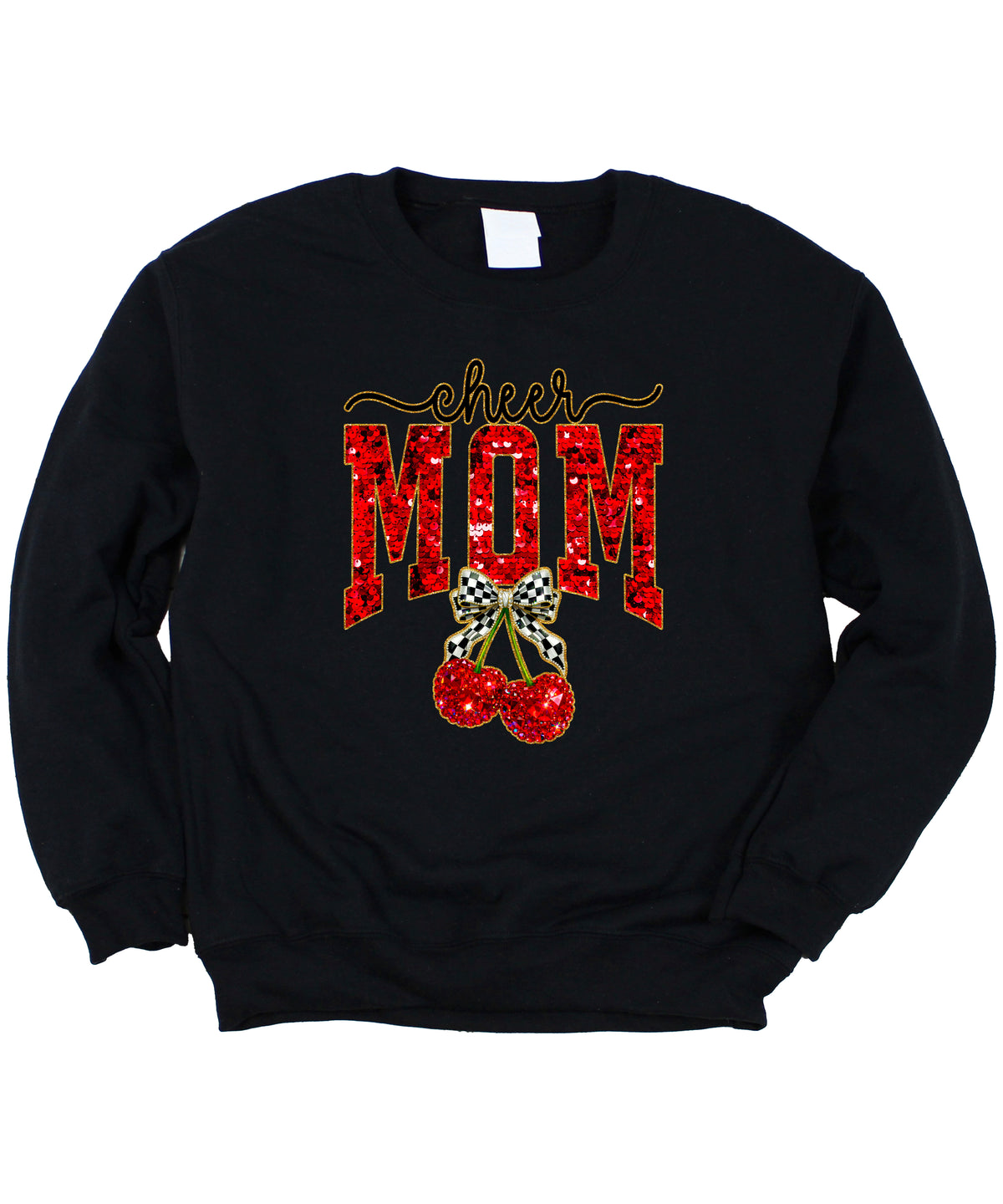 Black Cheerleader Mom crewneck sweatshirt with ink-printed faux sequin cheer script, MOM lettering and cherry coquette bow, flat lay view