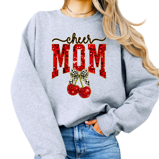 Gray Cheerleader Mom crewneck sweatshirt with ink-printed faux sequin cheer script, MOM lettering and cherry coquette bow, front view