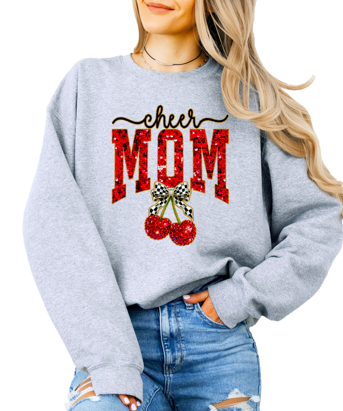 Gray Cheerleader Mom crewneck sweatshirt with ink-printed faux sequin cheer script, MOM lettering and cherry coquette bow, front view
