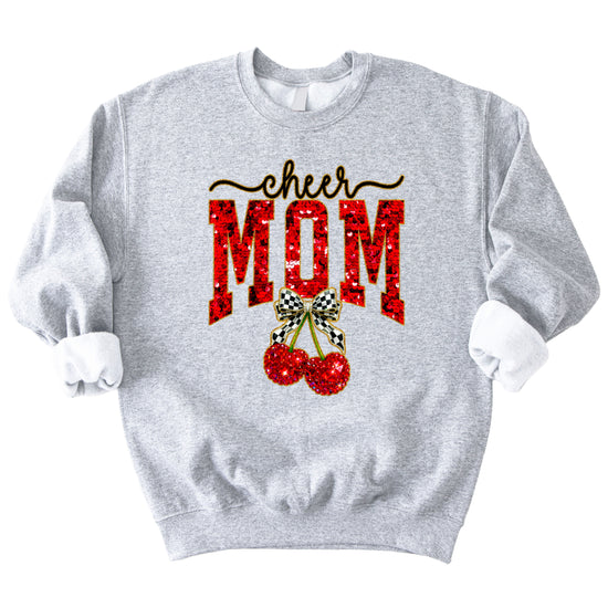 Gray Cheerleader Mom crewneck sweatshirt with ink-printed faux sequin cheer script, MOM lettering and cherry coquette bow, flat lay view