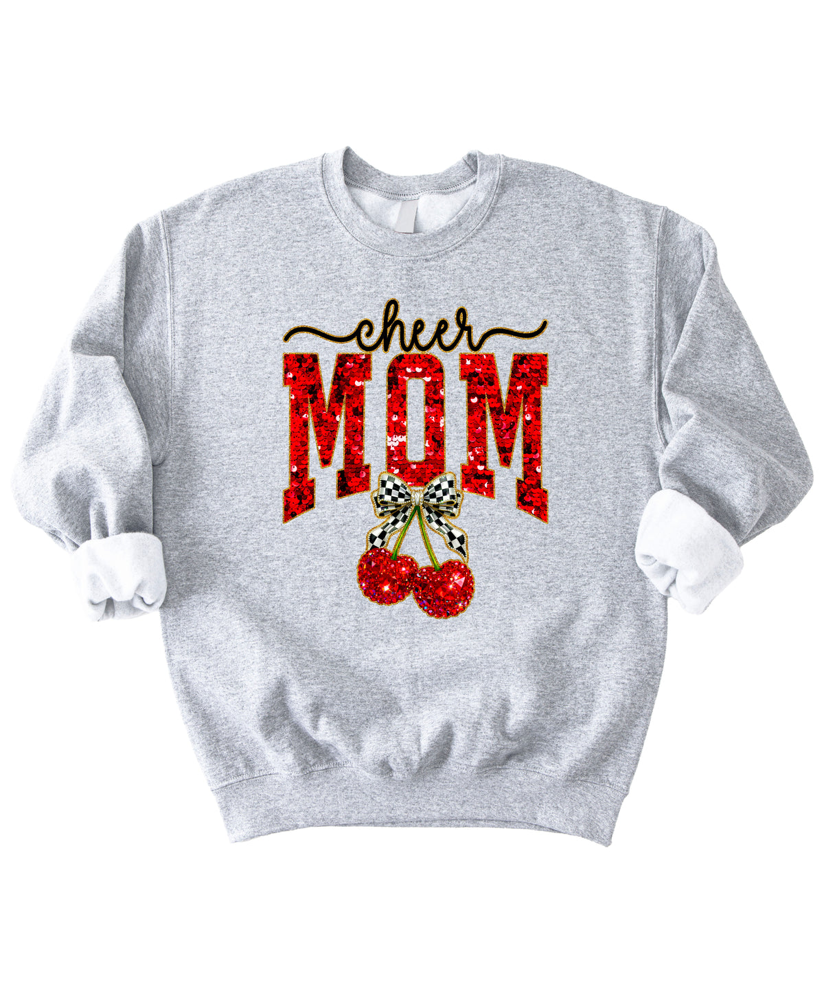 Gray Cheerleader Mom crewneck sweatshirt with ink-printed faux sequin cheer script, MOM lettering and cherry coquette bow, flat lay view