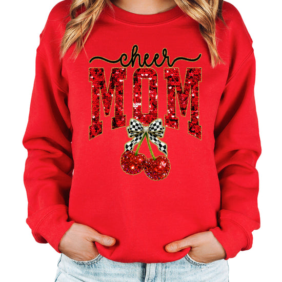 Red Cheerleader Mom crewneck sweatshirt with ink-printed faux sequin cheer script, MOM lettering and cherry coquette bow, front view