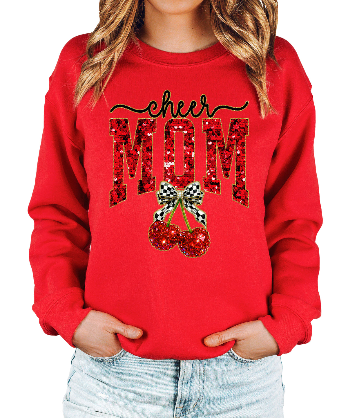 Red Cheerleader Mom crewneck sweatshirt with ink-printed faux sequin cheer script, MOM lettering and cherry coquette bow, front view